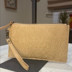 Chic Floral Embossed Tan Wristlet With Built in Phone Charger